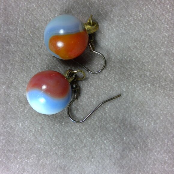 Marble earrings Agate hanging white orange blue ball round - Picture 1 of 2
